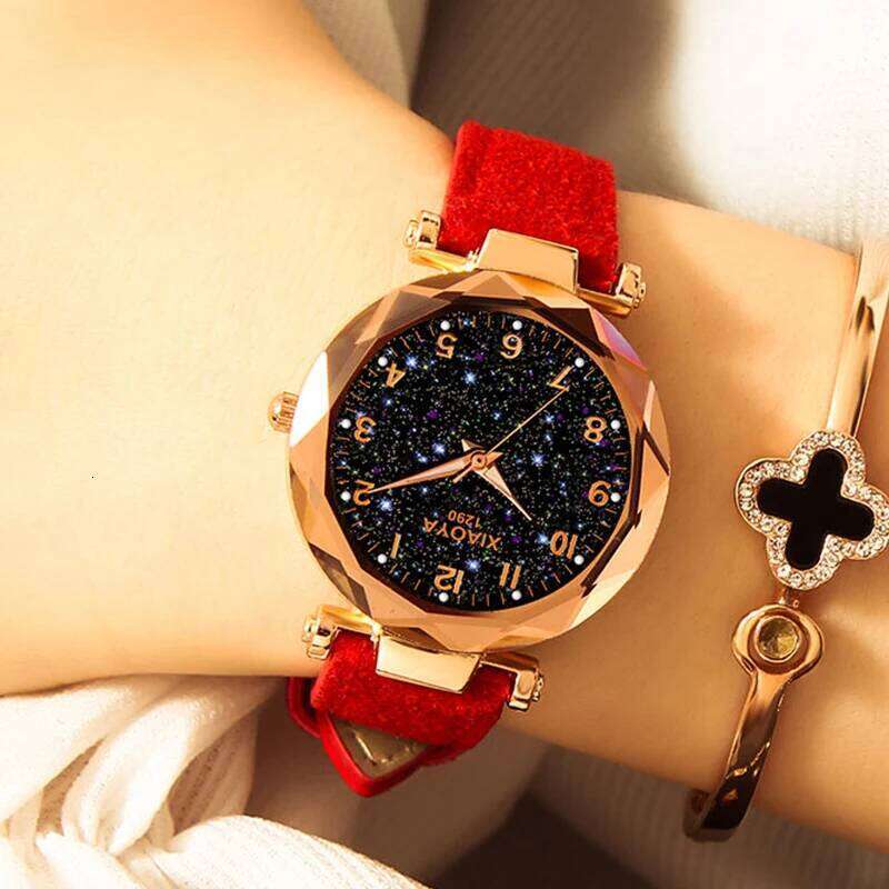 Xiaoya Women's Personality Romantic Starry Sky es Women Rhinestone Face Leather Band Quartz Wist Reloj Mujer H260228
