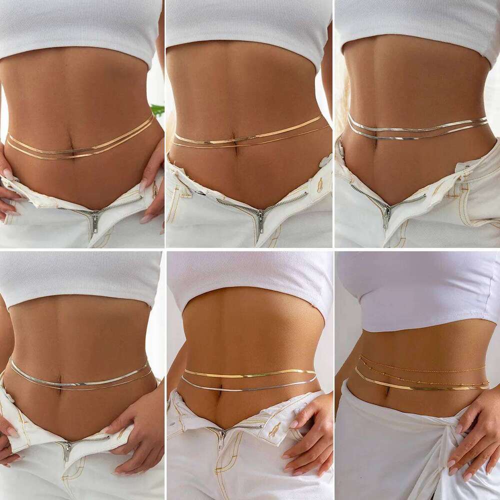 2023 New Minimalist Double-layer Metal Flat Snake Belly Waist Chain Women's Fashion Skini Beach Summer Body Jewelry H260228