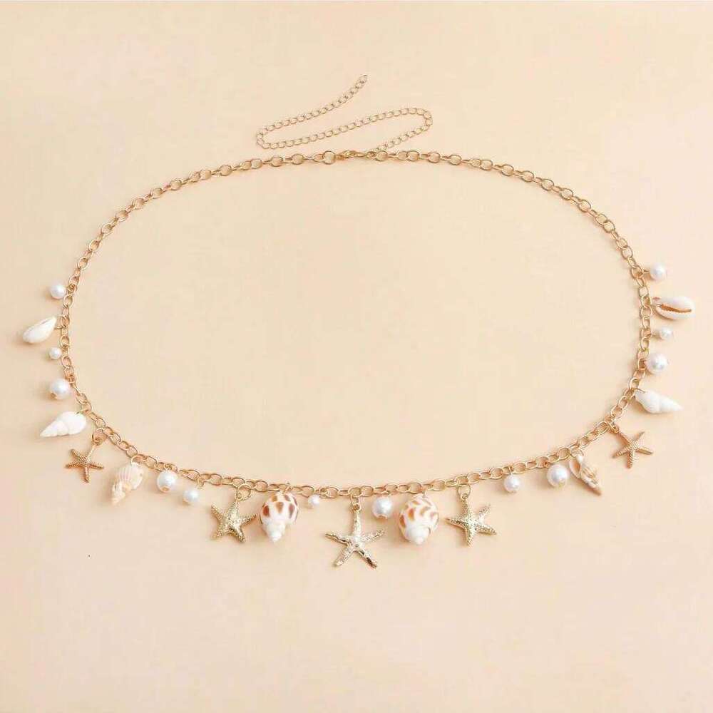 Bohemian Summer Beach Shell Chain, Imitation Pearl Starfish Conch Jewelry,Seaside Waist Accessory for Women H260228