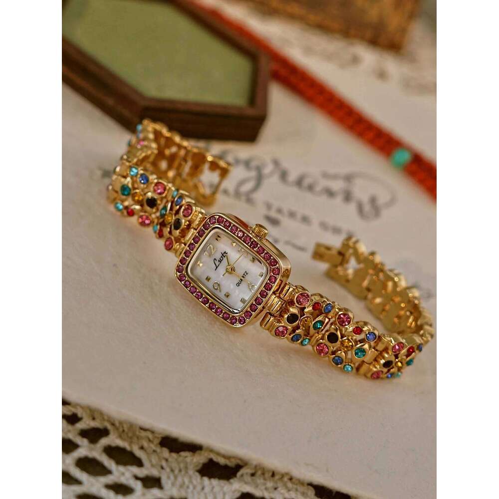 1 Piece French Fashionable and Elegant Women's Colorfulful Rhinestone Gemstone Inlaid Strap 30m Waterproof Square Quartz Mother-Of-Pearl Dial, Su
