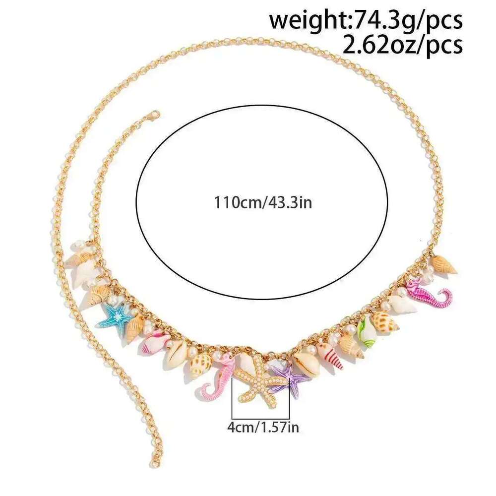 Salircon Boho Starfish Conch Colorful Waist Women Summer Beach Imitation Pearl Sexy Bikini Belly Body Chain Y2K Jewelry H260228