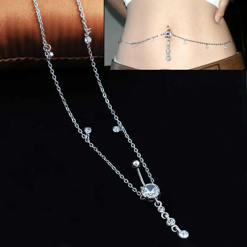 Women Sexy Rhinestone Dangle Belly Navel Piercing Ring Body Waist Chain Button Summer Beach Jewelry H260228