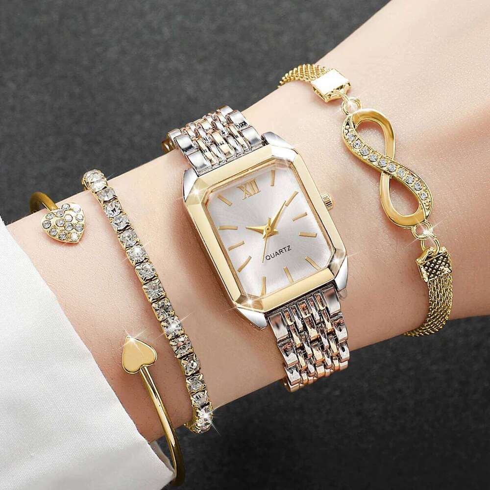 4PCS Elegant Women Rectangle Roma Dial Wrist Fashion Alloy Strap Quartz With Diamond s Set Without Box H260228