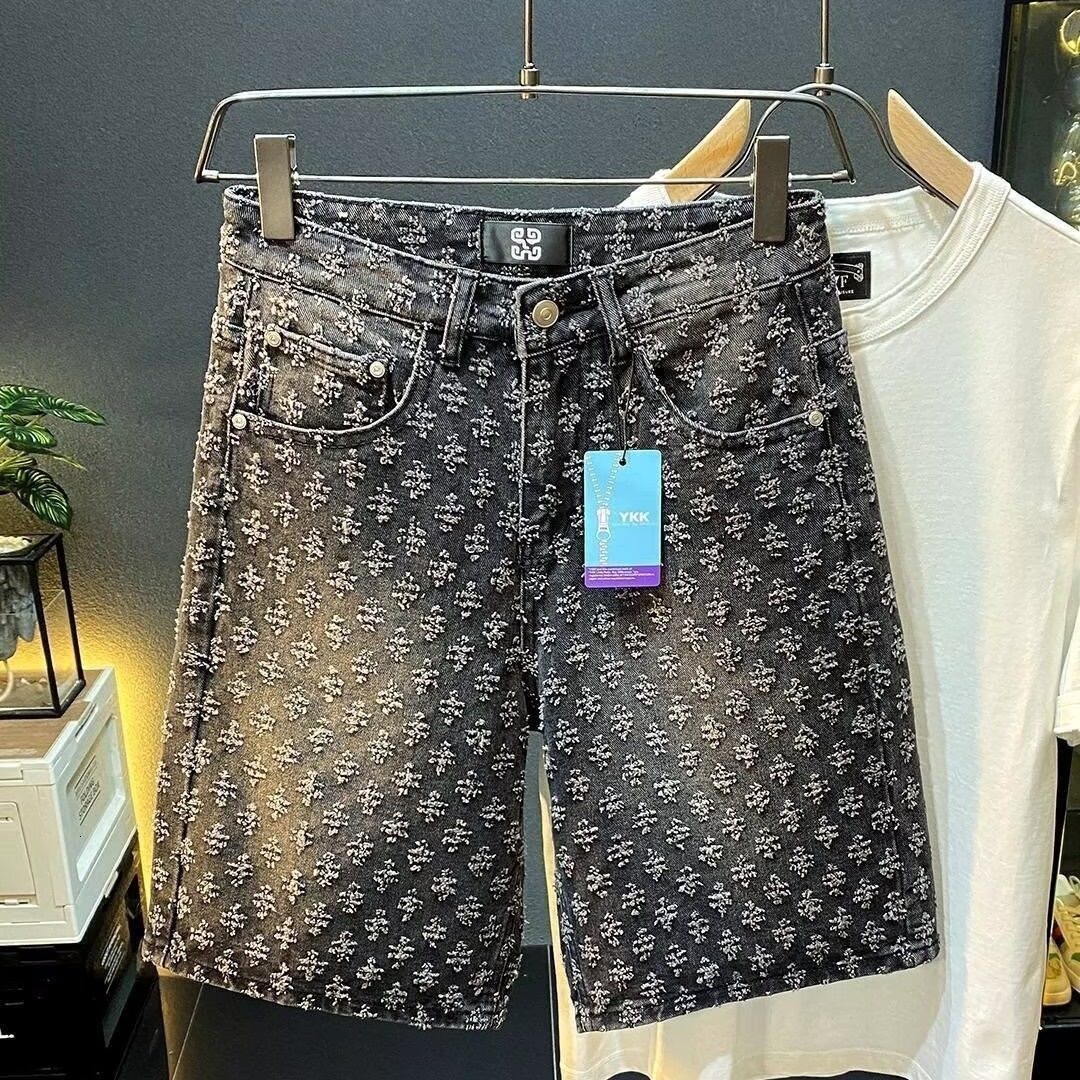 Luxury Brand Designer Clothes 2025 American Style New Denim Shorts Men's Summer Loose Straight Casual Jacquard High-End Feel Five-Point Mid-Lengt