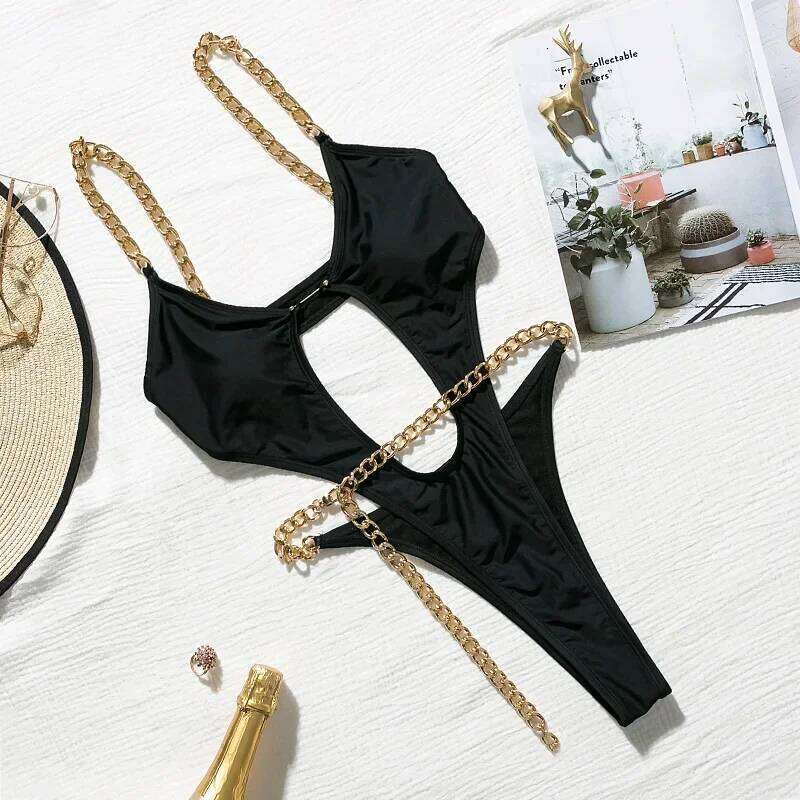 Sexy Metal Chains String High One Piece Swimsuit Women Swimwear Female Monokini Tummy Cut Out Bathing Suit Swim Beach Wear Z260301