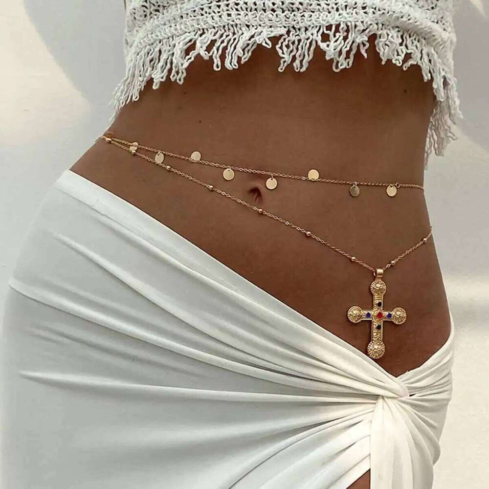 Ingemark 2Pcs/Set Simple Cross Jesus Bowknot Pendant Waist Chain Women Summer Beach Bikini Belly Belt Rave Festival Body Jewelry H260228