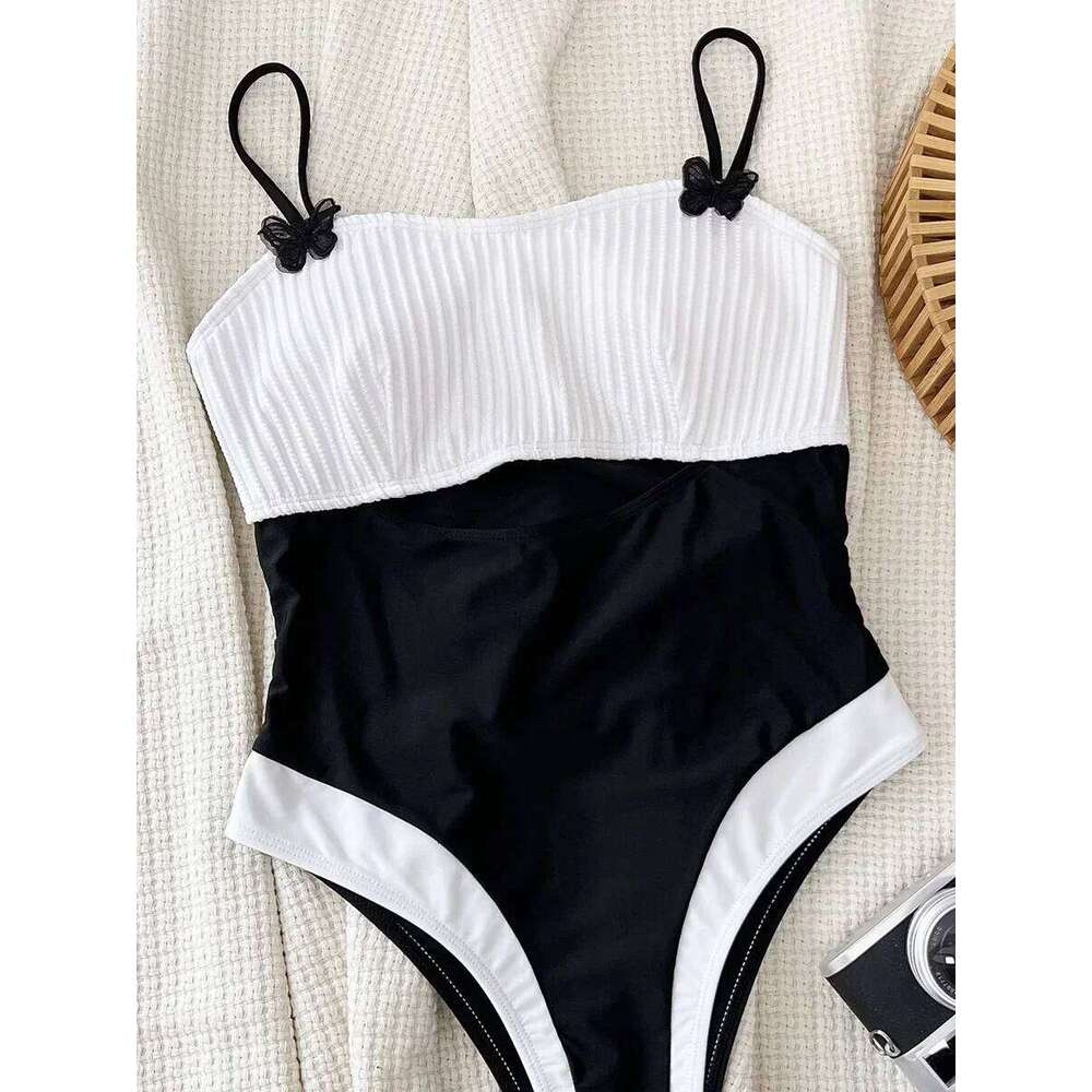 Sexy Splicing Wrinkled Women Swimwear One Piece Swimsuit Female High Cut Monokini Black Contrast Bathing Suit Swim Beach Wear Z260301