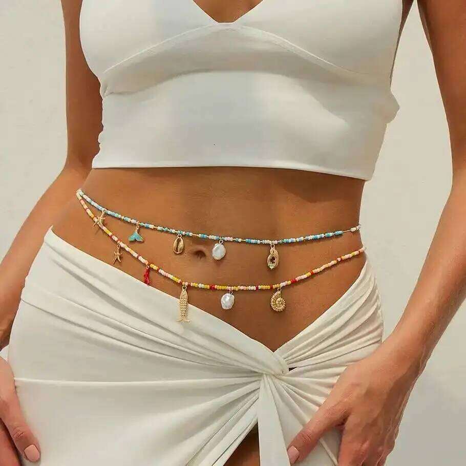 IngeSight.Z Trendy Boho Starfish Conch Imitation Pearl Pendant Waist Women Summer Beach Body Chain Jewelry Accessories New H260228