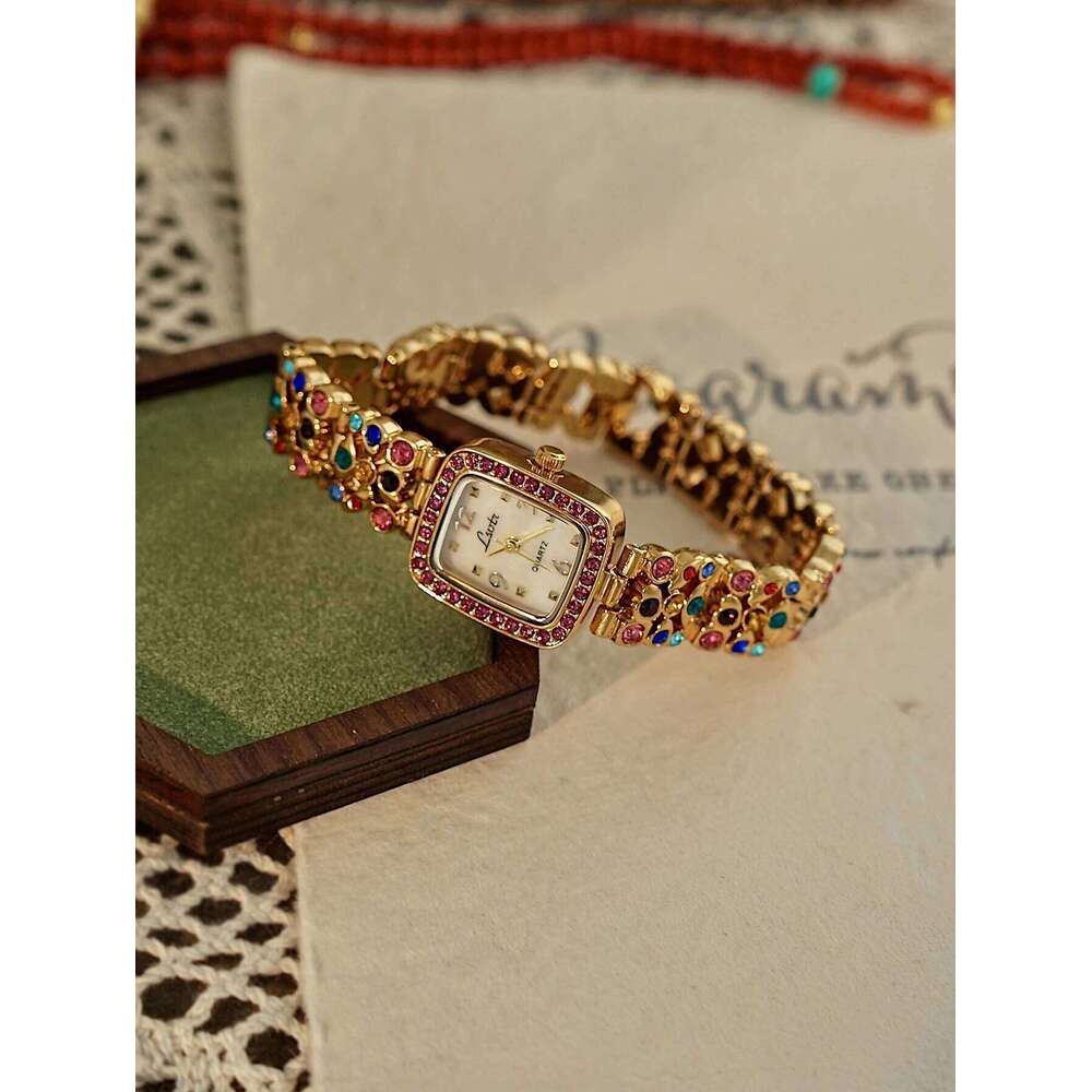 1 Piece French Fashionable and Elegant Women's Colorfulful Rhinestone Gemstone Inlaid Strap 30m Waterproof Square Quartz Mother-Of-Pearl Dial, Su