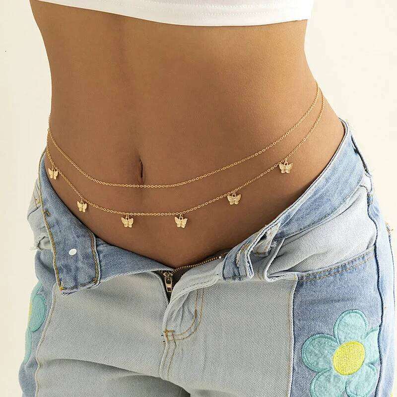 2023 Sexy Double Thin Women's Waist Charming Butterfly Stainless Steel Belly Chain Summer Beach Bikini Body Jewelry H260228