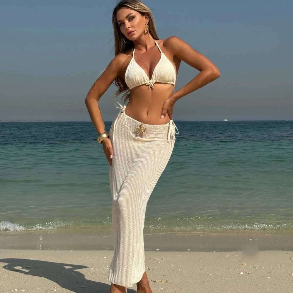 2025 new solid color mesh long skirt split swimsuit three-piece set bikini Z260301
