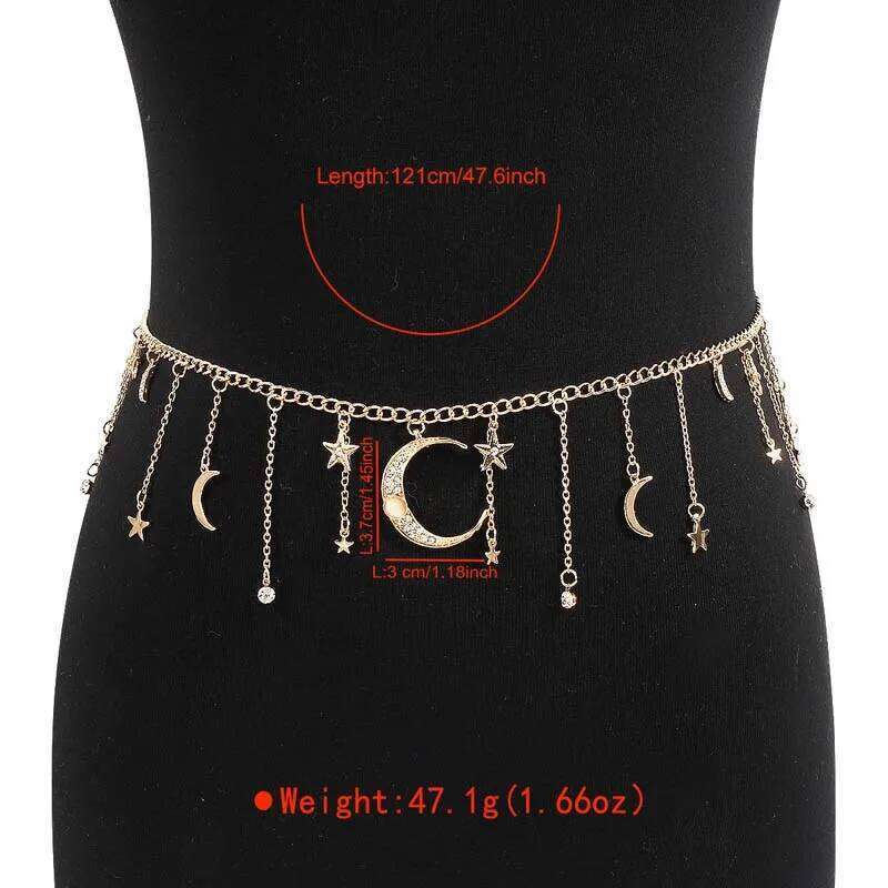 Fashion Gold Color Star Moon Pendant Waist for Women Sexy Metal Shiny Zircon Tassel Belly Chain Bikini Jewelry Gifts H260228