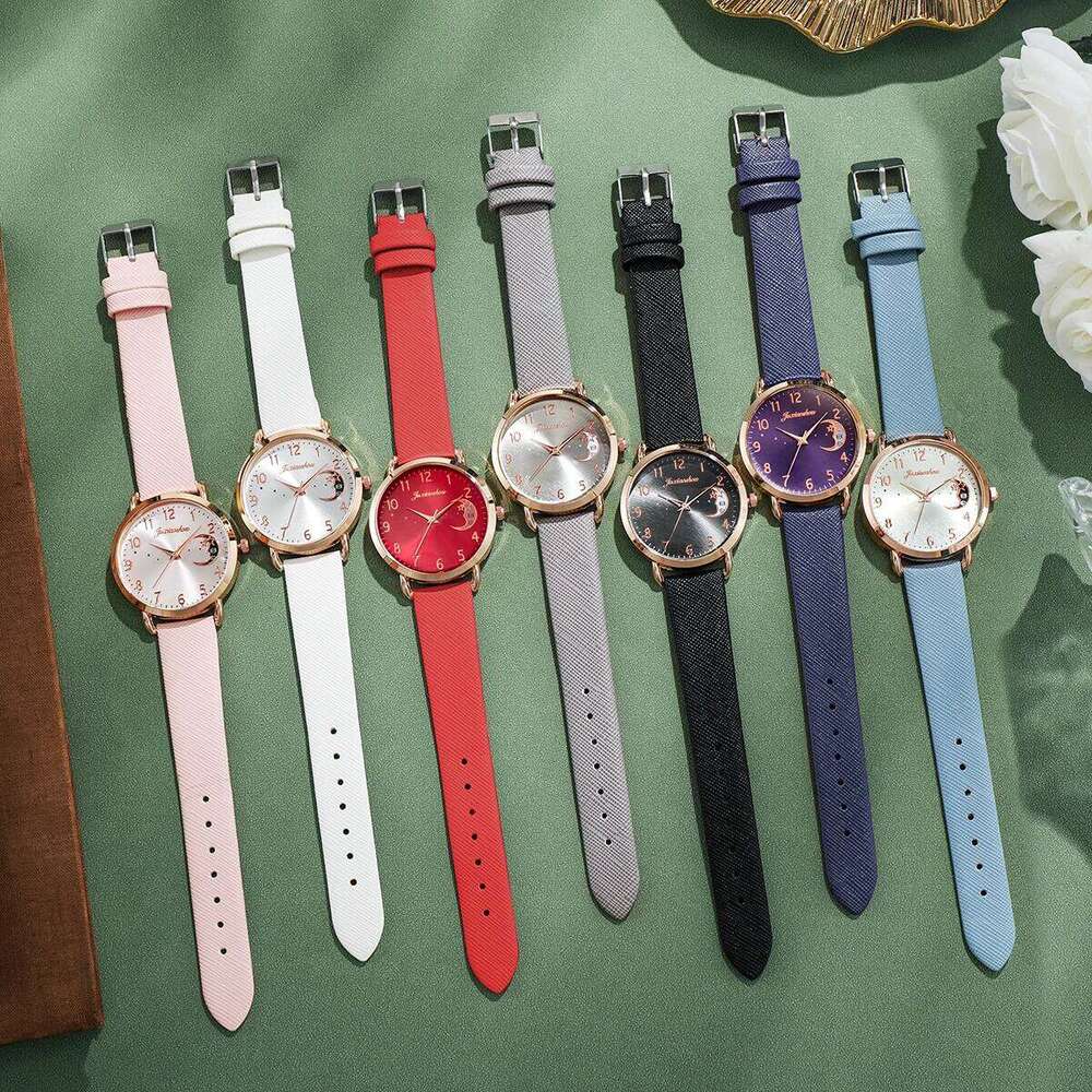 2PCS Fashion Moon Dial Women es Set Casual Leather Strap Ladies Quartz Wrist Reloj MujerWithout Box H260228