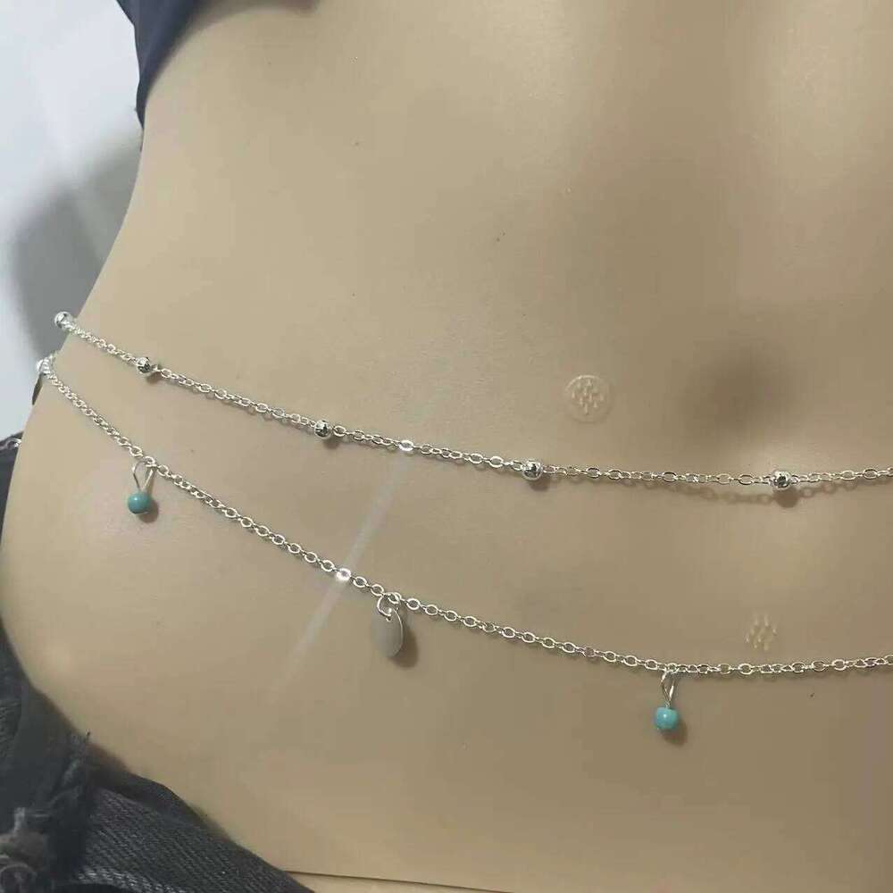 Minimalist Tassel Sequin Double Layer Casual Pants Hip-hop Body Fashionable Retro Turquoise Waist Chain H260228