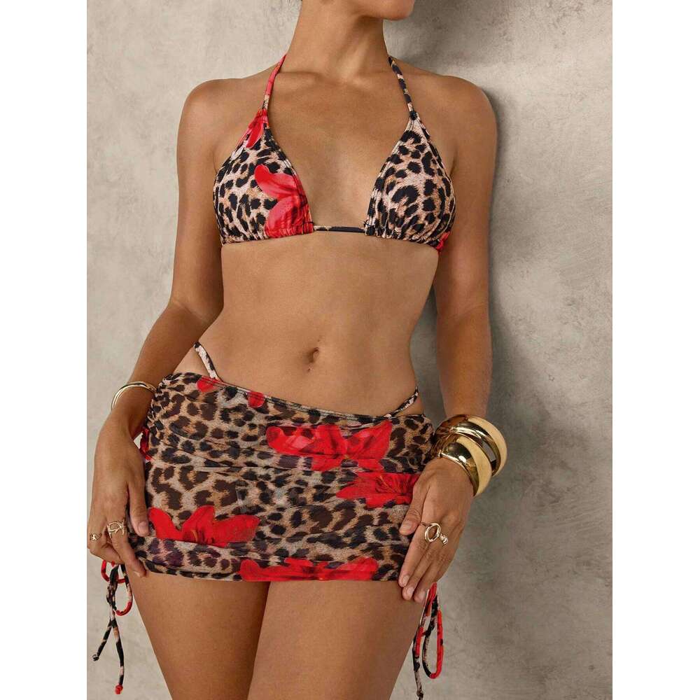 Sexy Pink Floral Leopard Print Bikini 2025 Women Push Up Mesh Skirt Band 4 Piece Swimsuit Beach Bathing Suit Holiday Swimwear Z260301