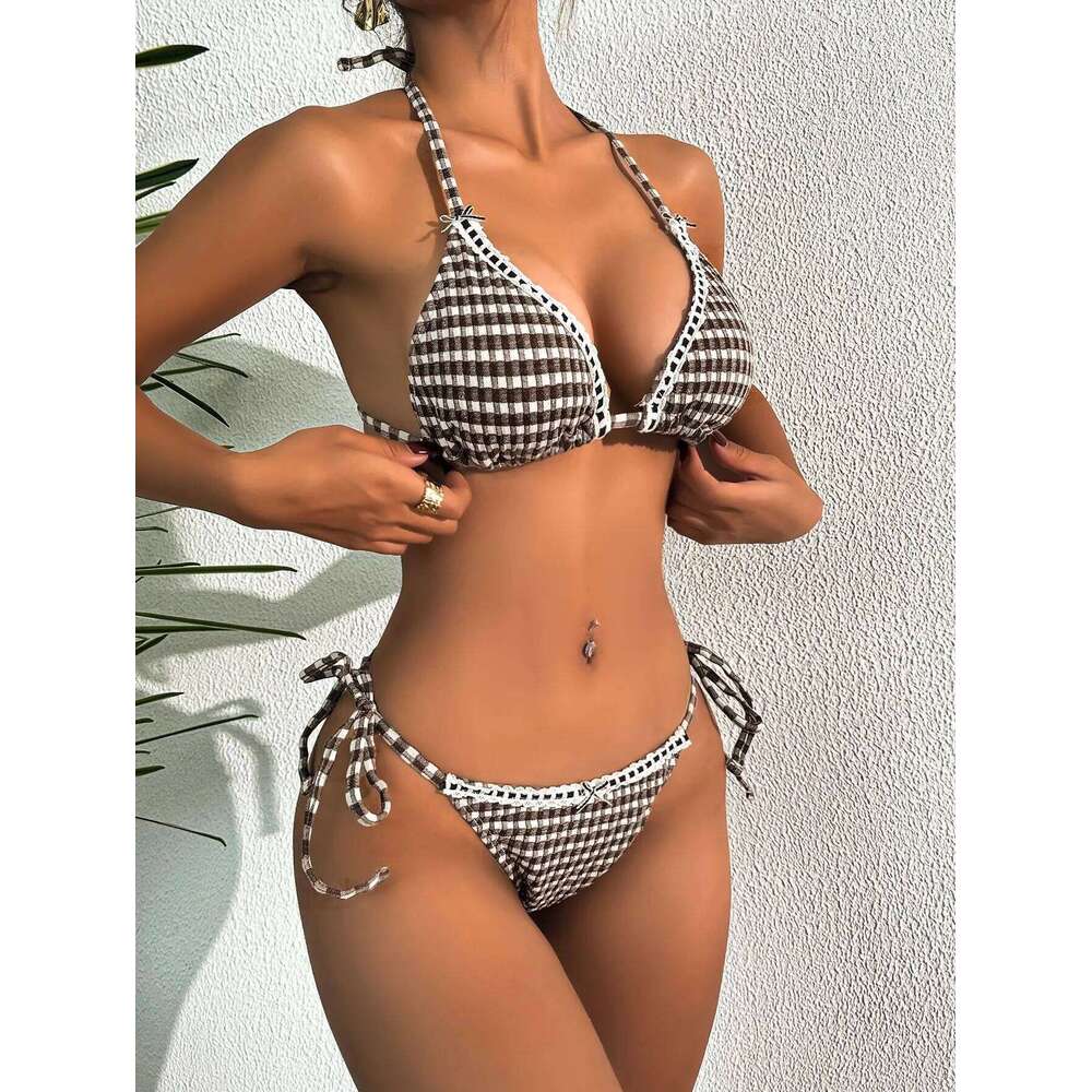 Sexy Brown Plaid Bikini Set 2025 Women Halter Push Up Bra Tie Side Thong Swimsuit Brazilian Beach Bathing Suit Micro Swimwear Z260301