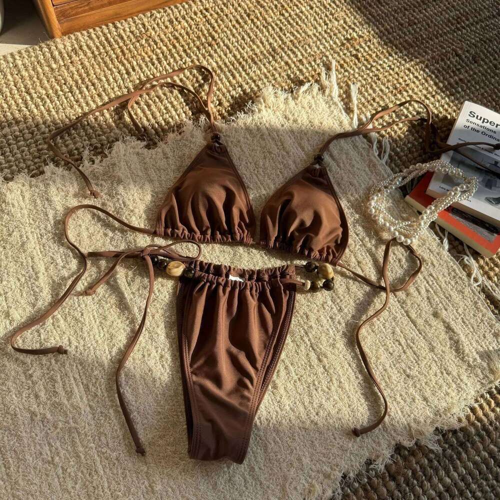 2025 solid color drawstring halter neck bikini beach ladies split swimsuit Z260301