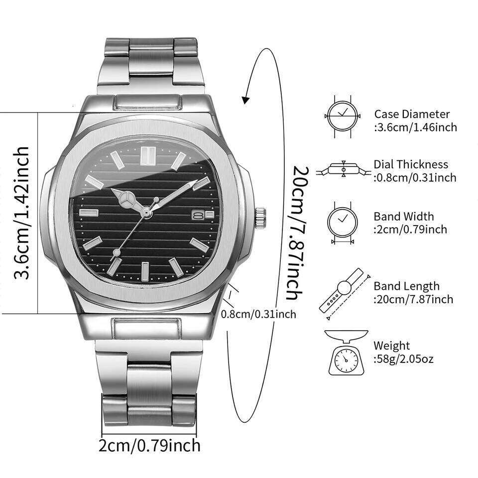 Men Fashion Wristes Business Square Dial Stainless Steel Strap Quartz with Calendar For Mens ClockWithout Box H260228