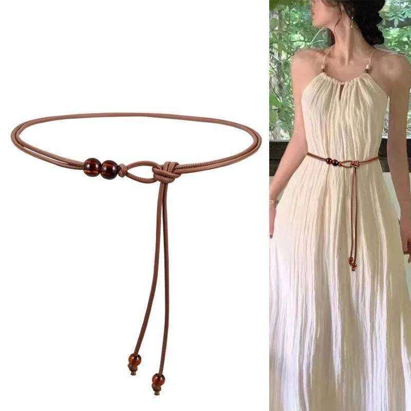 New Chinese Thin Belt for Women Ethnic Style Leather Beaded Dress Long Rope Knotted Waist Chain Jewelry H260228
