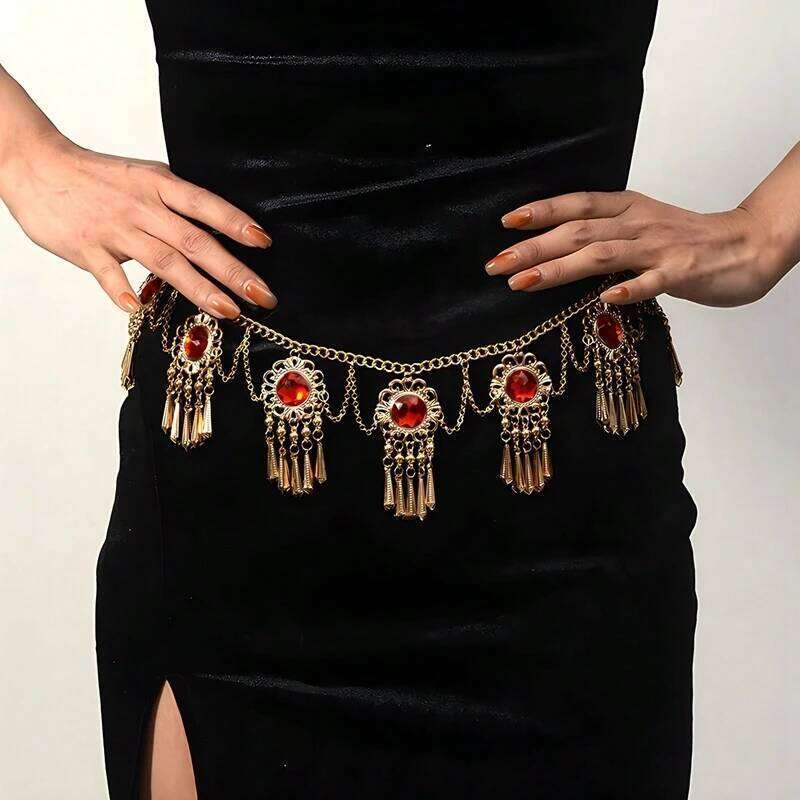 New Bohemian Waist Jewelry Metal Hollow Red Acrylic Gemstone Tassel Belly Chain Women's Dress Accessories H260228