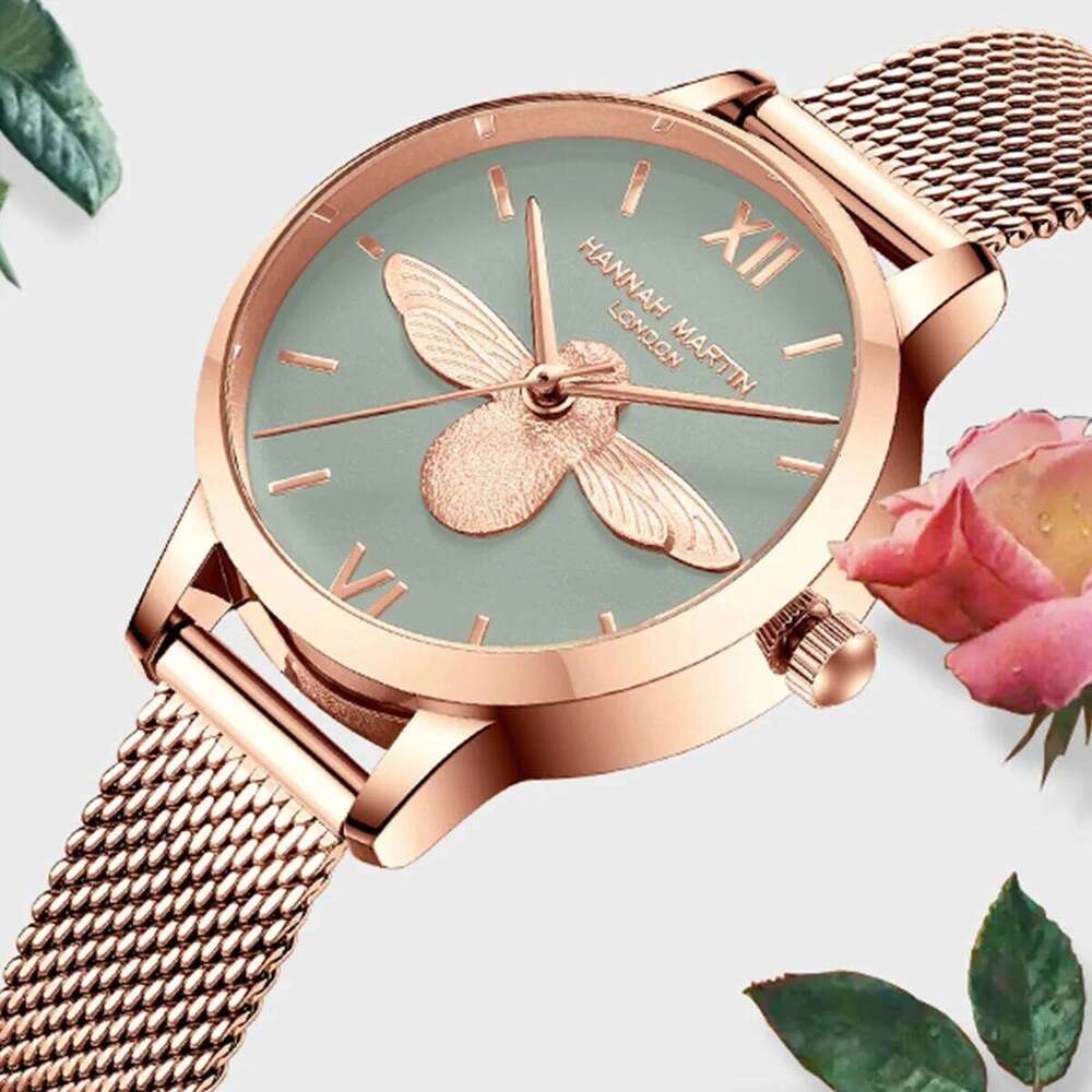 Hannah Martin Women Quartz Fashion Stainless Steel Mesh Belt 3D Stereoscopic Bee Green Rose Gold Japanese Movement es H260228