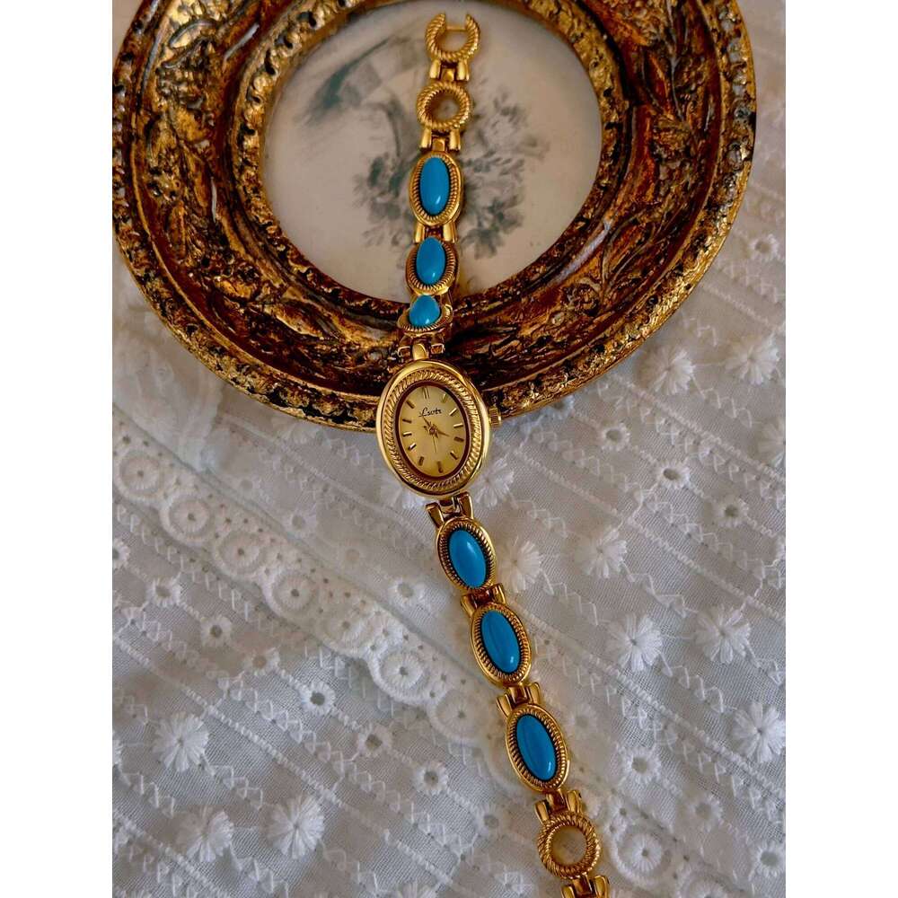1 Piece of French Fashionable and Elegant Women's Artificial Turquoise Stone Inlaid Strap 30m Waterproof Oval Quartz with Classic Retro Dial, Sui