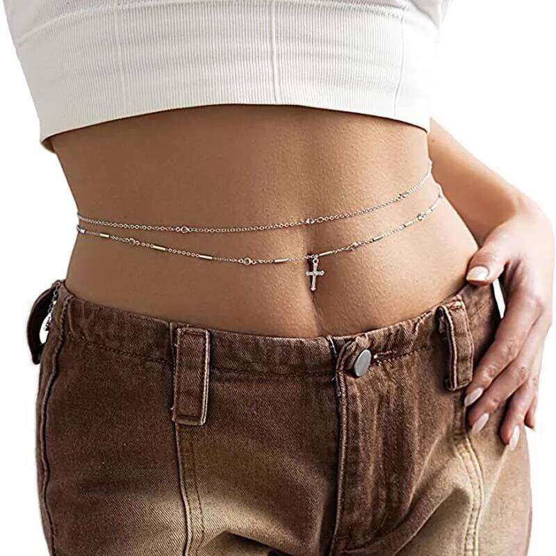 Fashion Sexy Double-Layer Thin Waist for Women Exquisite Metal Crystal Cross Tassel Belly Chain Body Jewelry Party Gifts H260228