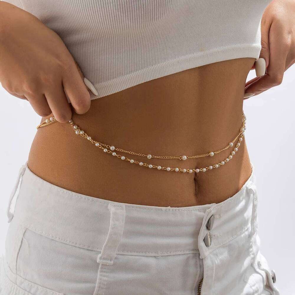 2Pcs/Set Sexy Boho Imitation Pearl Belly Waist Chain for Women Summer Bikini Double Layer Belt Body Jewelry Festival Accessories H260228