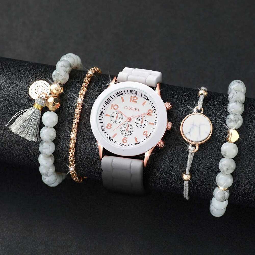 5pcs/set Women White Silicone Band Quartz and Beads Tassels Set H260228