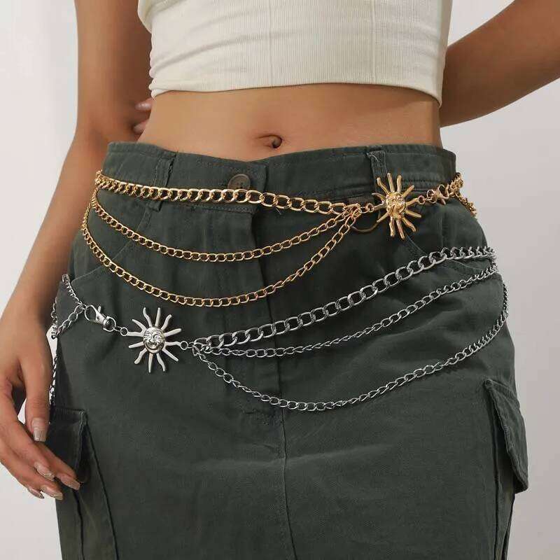 Exaggerated Metal Sun Tassel Waist for Women Trendy Gold Color Multi Layer Adjustable Body Chain Dress Jewelry Accessories H260228