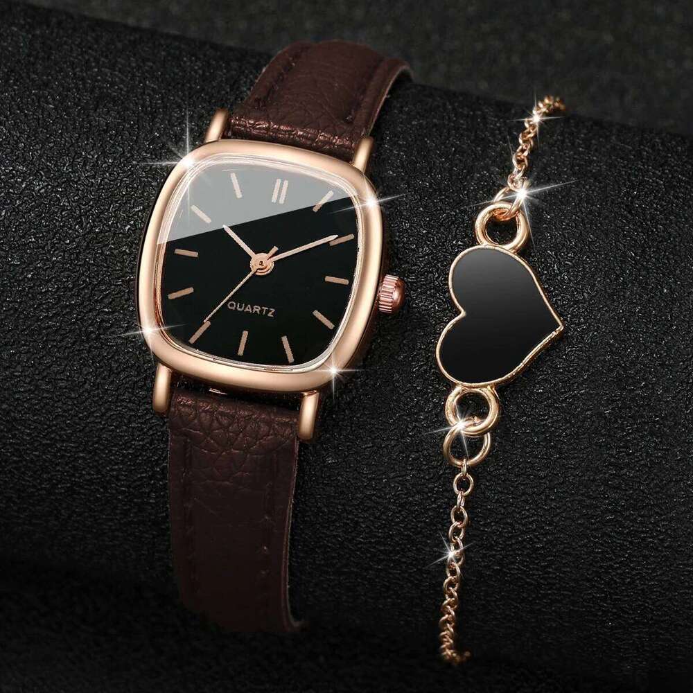 2PCS/Set Fashion Square Women Leather Band Quartz es Heart Set H260228