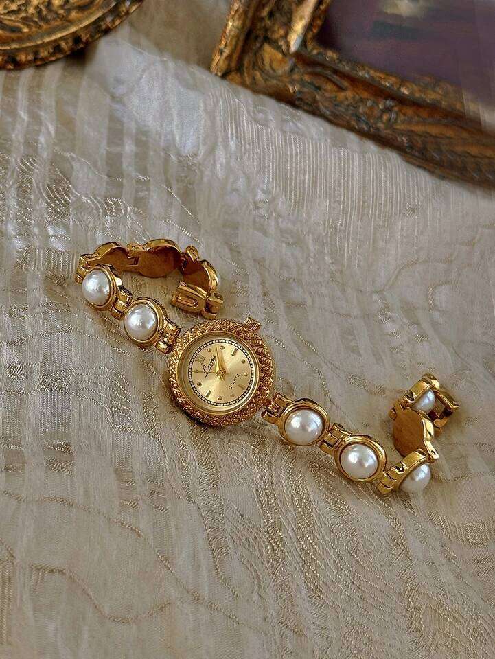 1 Piece of Gold French Fashion Elegant Pearl Strap Palace Retro Bohemian Style 30m Waterproof Round Women's Quartz , Suitable for Daily Wear, H26