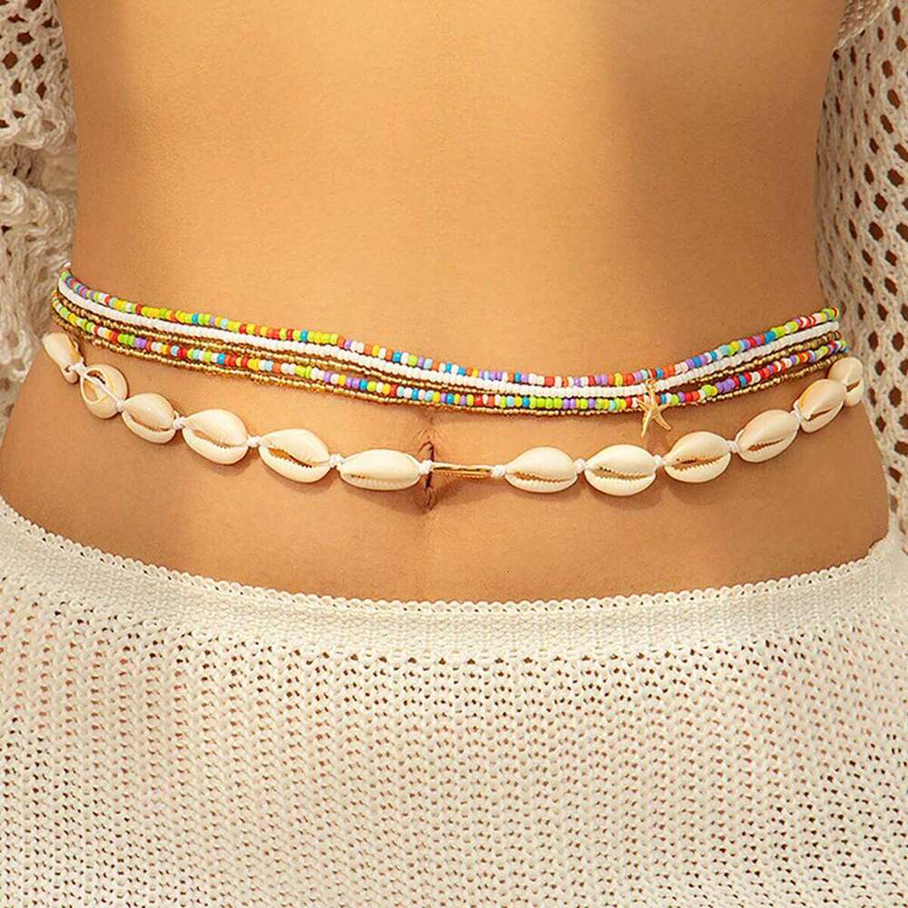 6Pcs Boho Acrylic Mixed Color Seed Bead Beaded Waist Fashion Plastic Shell Belly Chain Women's Summer Beach Body Jewelry H260228