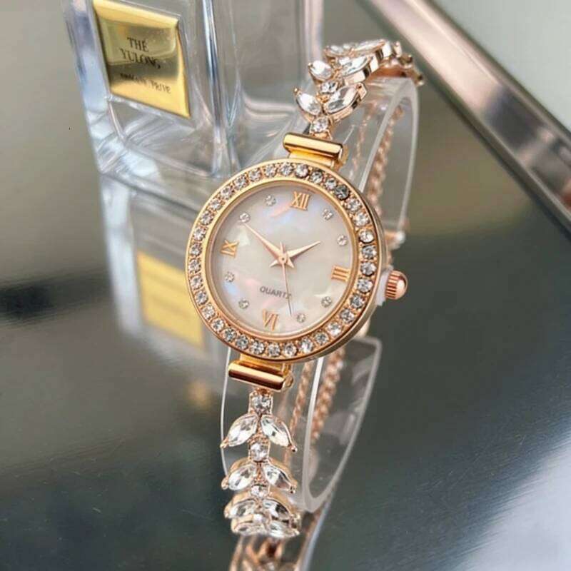 Mermaid Design Diamond Inlaid Women Adjustable Strap Quartz Wrist Faux Mother of Pearl Golden Ladies H260228