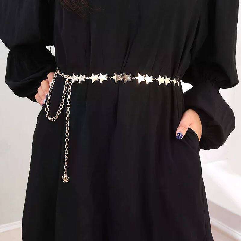 Retro Female Belt with Metal Star Pentagram Design Chain, Women Decorative Tassel Waist Jewelry H260228