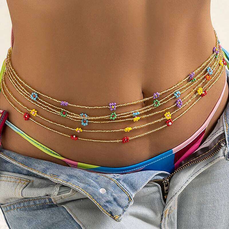 New Korean Fashion Cute Small Flowers Belly Chains For Women Bohemia Handmade Waist Beads Boho Vacation Sexy Body Chain Jewelry H260228