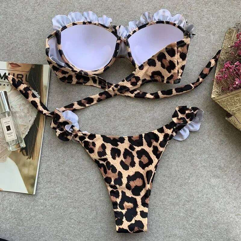Leopard Print Ruffled Edge Swimwear Bandeau Push Up Bikinis Sets Sexy Swimsuit Women Micro Thong Bathing Suit Bikini 2025 Mujer Z260301