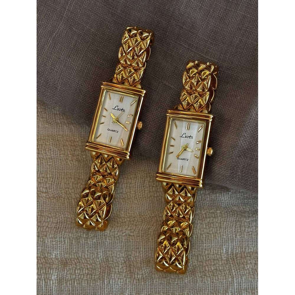 1 New Gold-Colored French High-End Light Luxury Fashion Simple Dial with Stainless Steel Strap, Elegant Exquisite Casual Style Women's Quartz , H