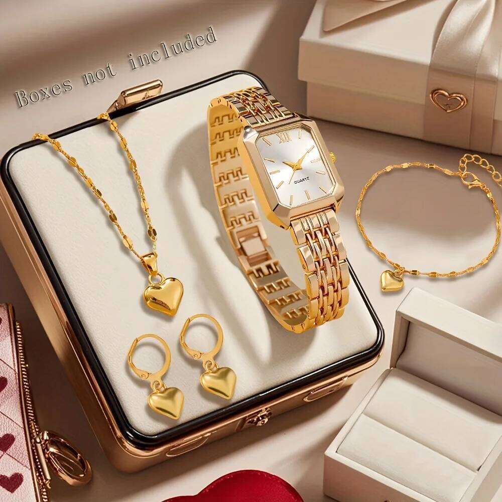 5PCS Elegant Rectangle Women es Heart Jewelry Set Fashion Roma Dial Ladies Analog Quartz Wrist Reloj MujerWithout Box H260228
