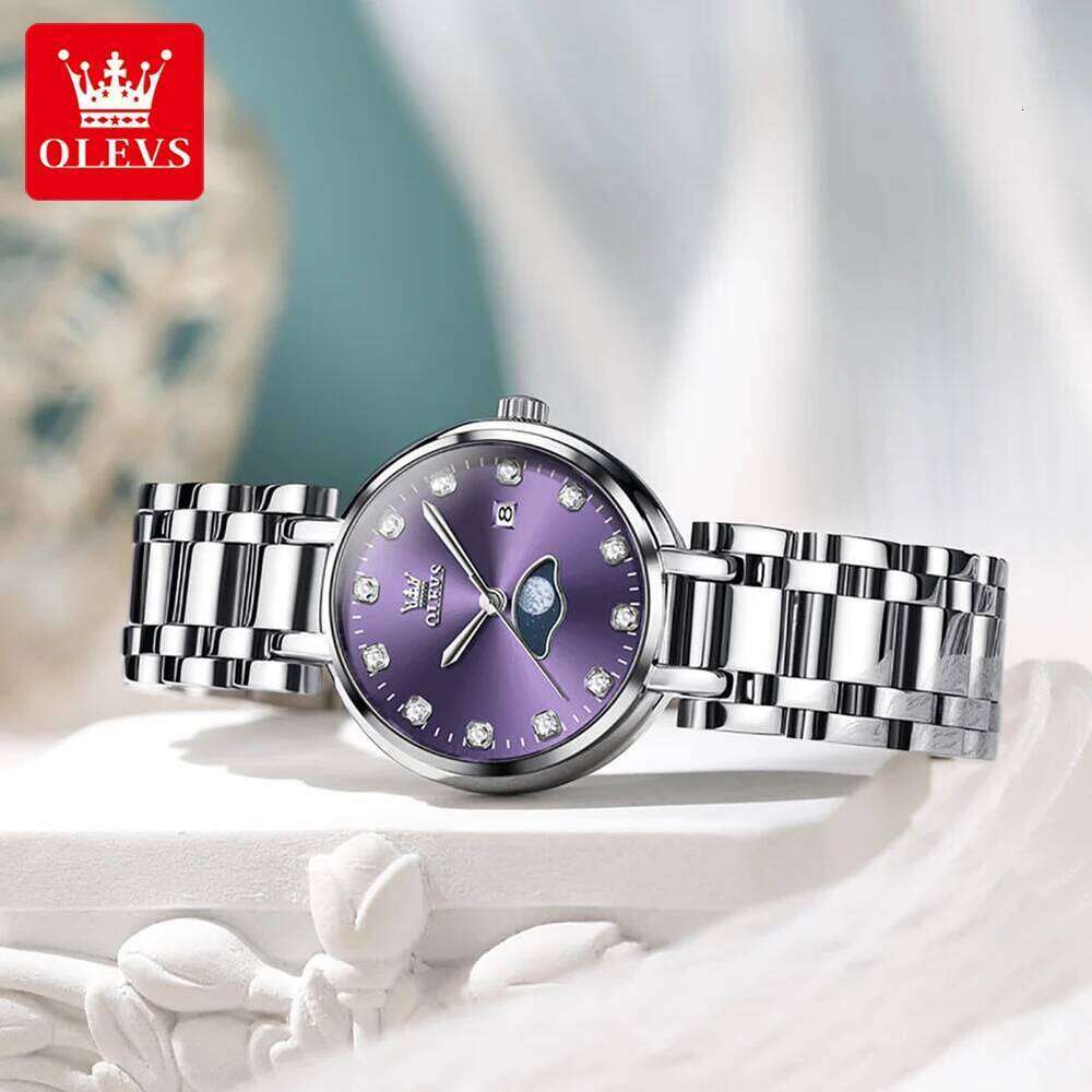 OLEVS Diamond Time Purple Moon Phase Dial es Brand New Fashion Women Quartz Steel Waterproof Dress H260228