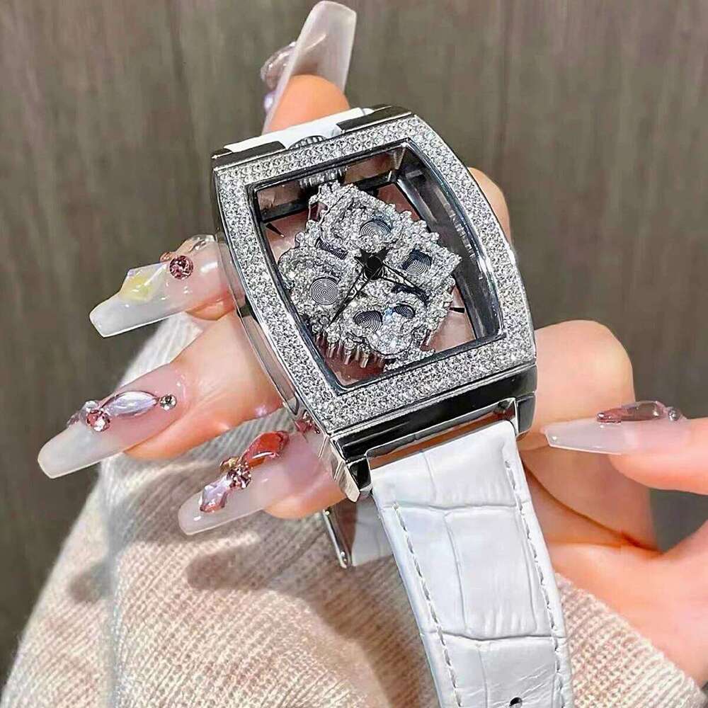 Fashionable Elegant Wine Barrel Shaped Ladies' With Transparent Back & Rhinestone Detail Quartz Movement , Rotatable H260228