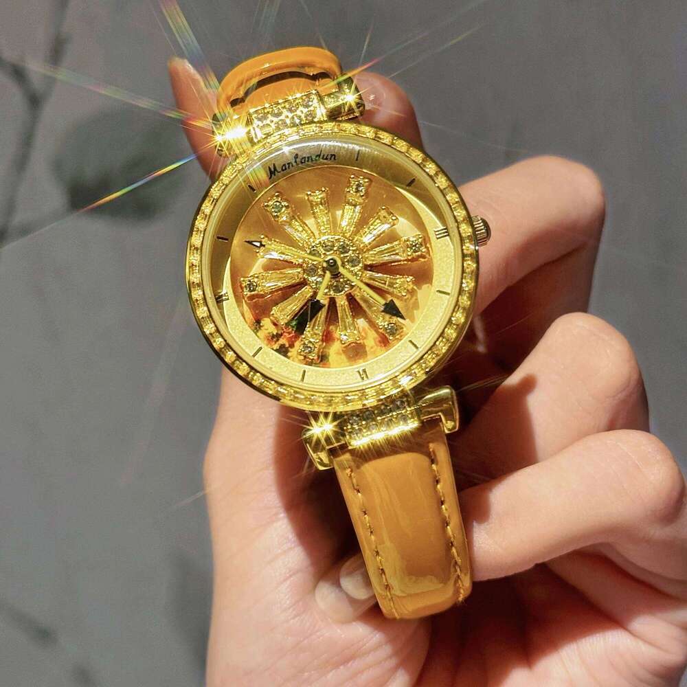 Fashionable Women's With Transparent Back, Diamond Inlaid, Rotating Galaxy Dial, Sunflower Design Waterproof Quartz H260228