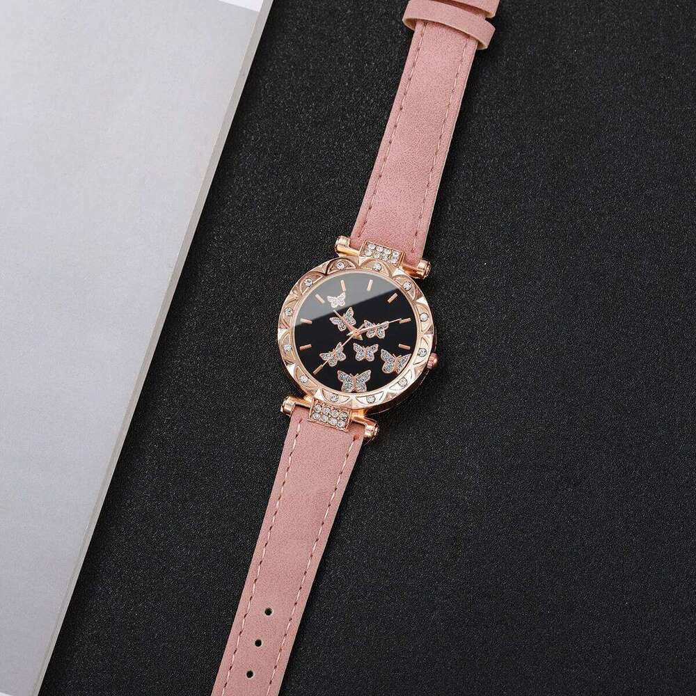 Women Fashion Butterfly Rhinestone Dial Wrist Ladies Casual Leather Strap Quartz Relogio FemininoWithout Box H260228