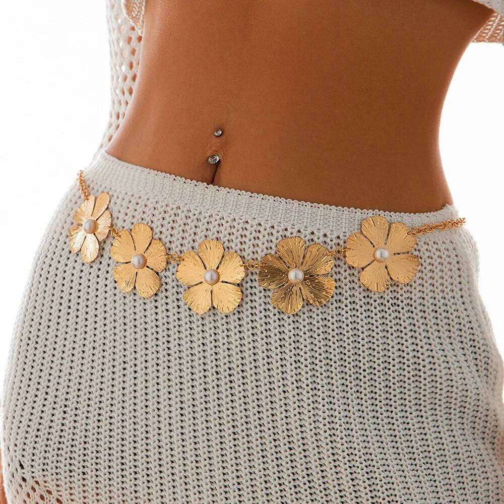 Charm Temperament Imitation Pearl Gold Color Flowers Waist Body Chain for Women Summer Beach Sexy Bikinis Jewelry H260228