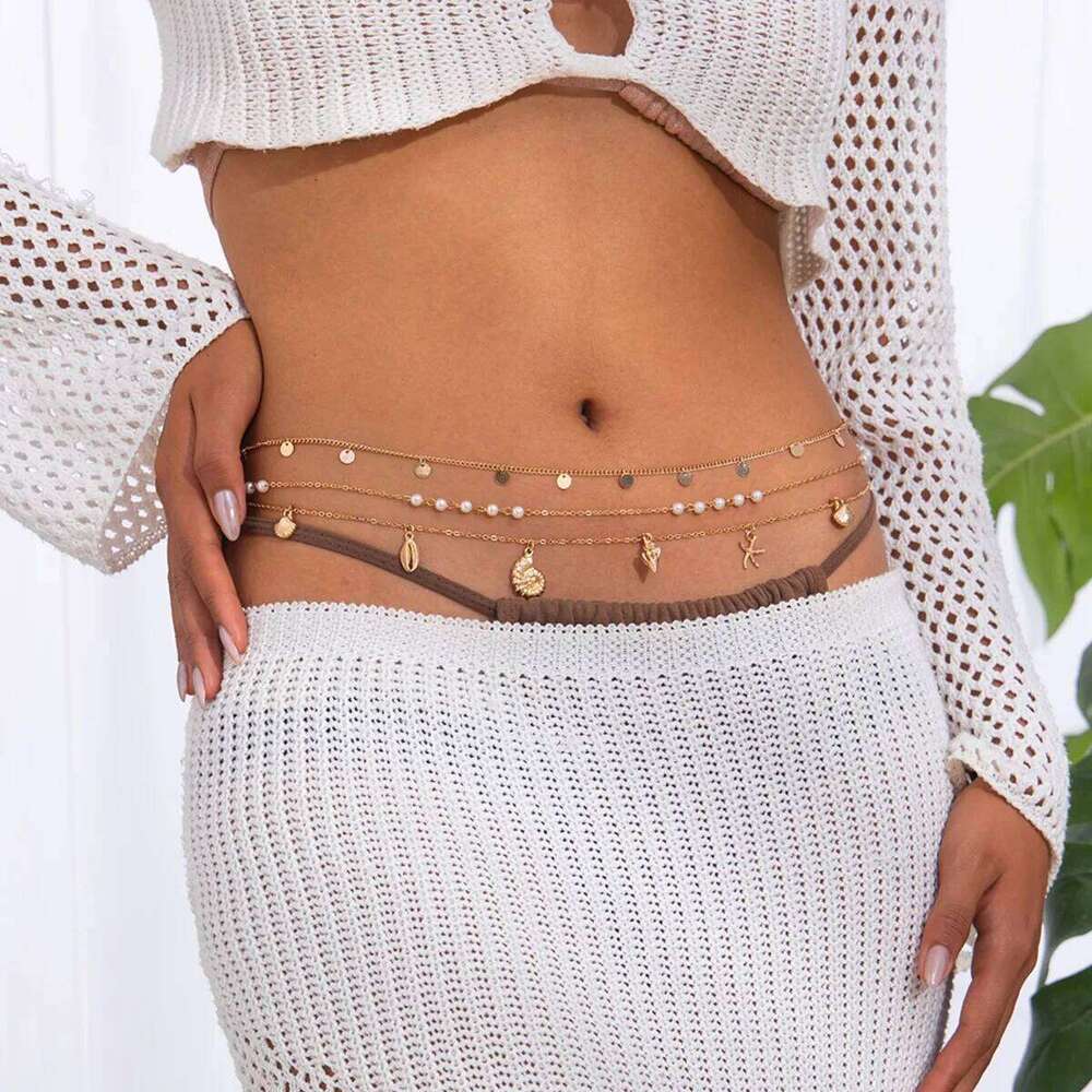 SHIXIN 3Pcs/Set Gold Color Sequins Tassel Belly for Women Summer Beach Bikini Imitation Pearl Starfish Conch Waist Chain H260228