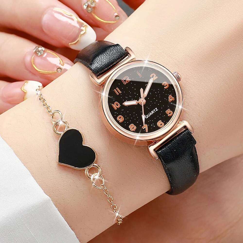 2PC Women's Fashion Starry Sky Small Dial Leather Band Analog Quartz Heart SetWithout Box H260228
