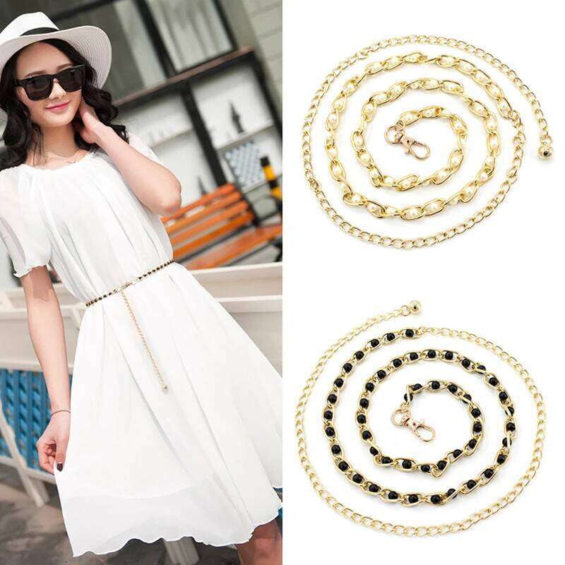Fashion 1PC Elegant Metal Adjustable Thin Ladies Waist Chain Women Strap Dress Belt Pearl Decorative Clothess Accessories H260228