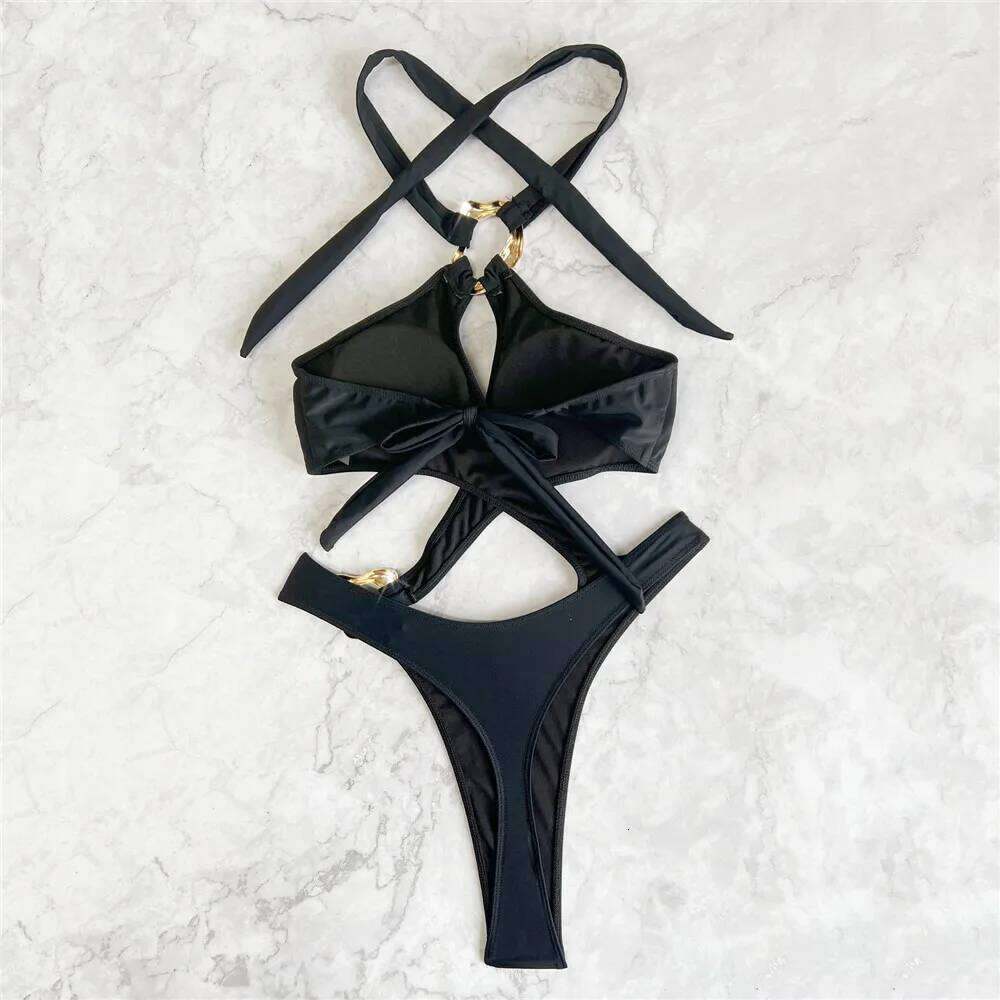 Solid Black Halter Backless Swimwear Woman 2025 One Piece Swimsuit Hollow Out Monokini Cross Bandage Metal Ring Swimming Wear Z260301