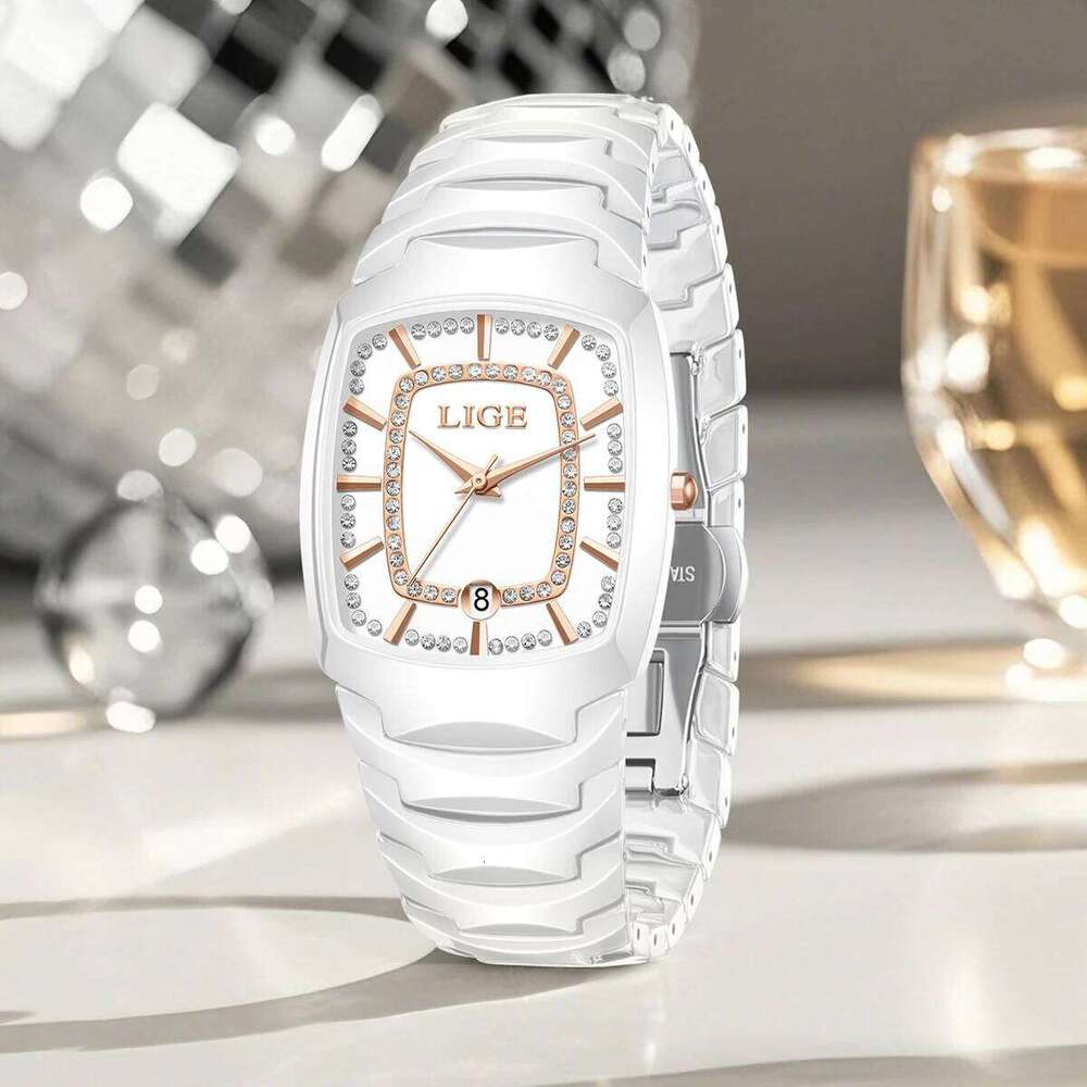 LIGE New Creative Women Ceramic Wrist es Ladies Square Waterproof Female H260228