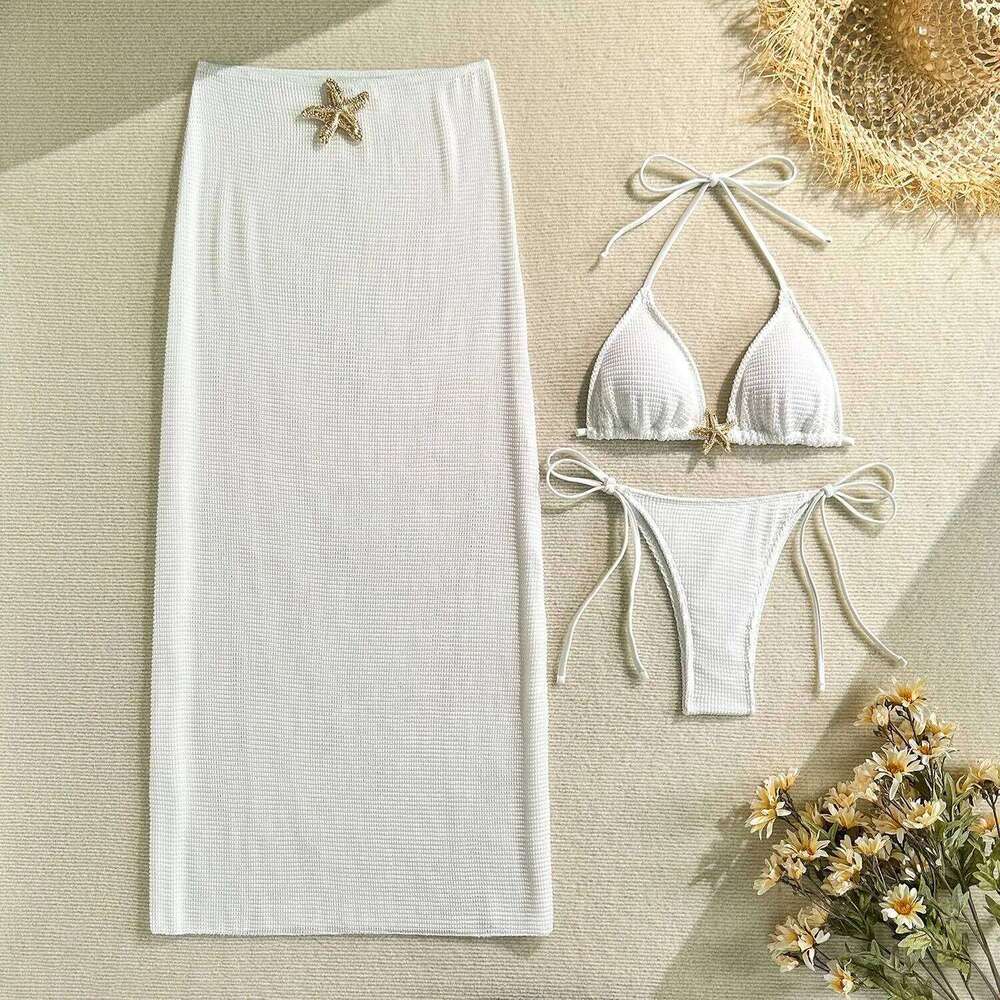 2025 new solid color mesh long skirt split swimsuit three-piece set bikini Z260301
